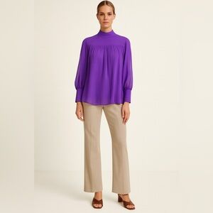 Massimo Dutti purple 100% silk long sleeve blouse with fold over collar. Size 10